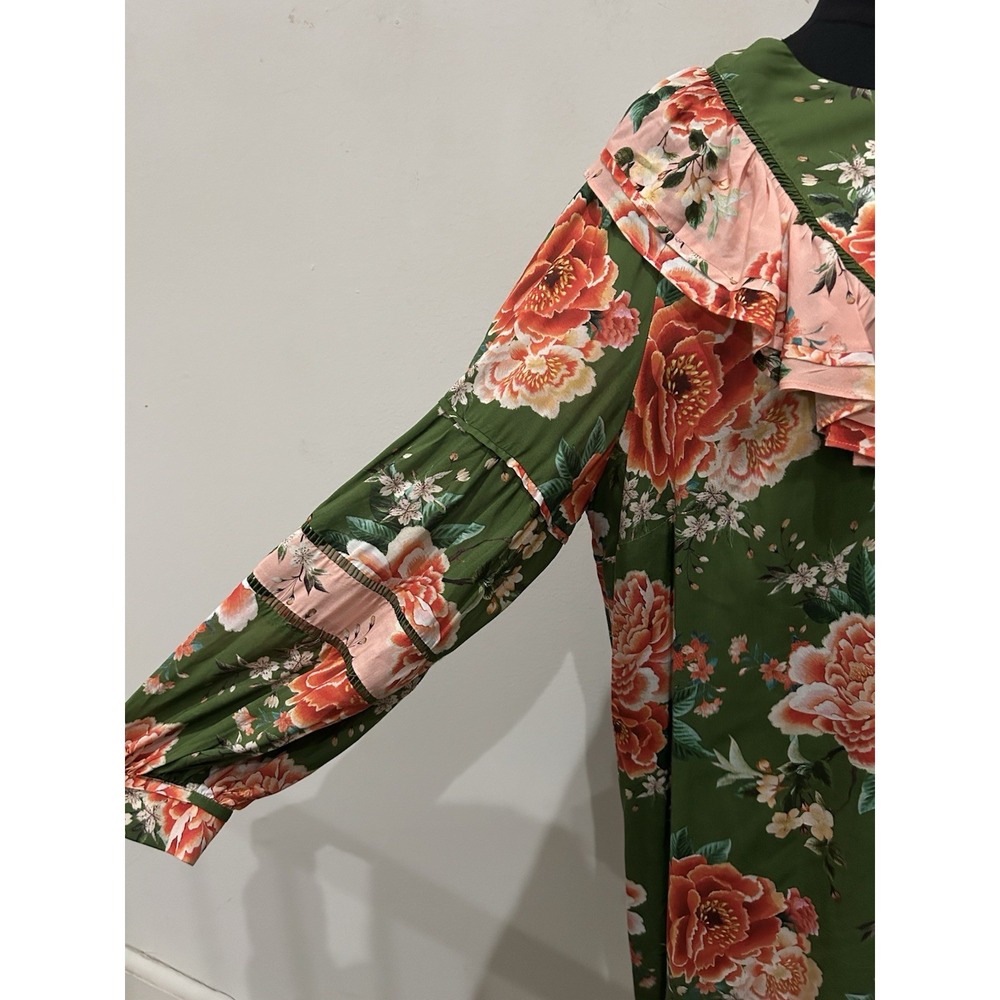 Anthropologie Farm Rio Floral Shift Dress Elinor Green Tunic Balloon Sleeve Sz L - Picture 3 of 8